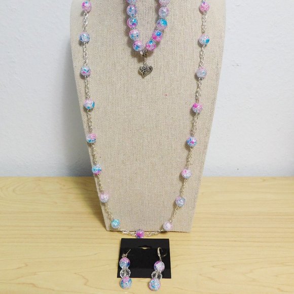 Handmade Pink & Turquoise Glass Confetti Beaded Necklace, Bracelet & Ear… - Picture 3 of 9